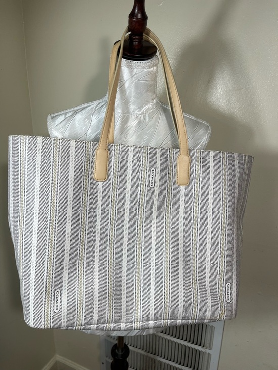 Coach Handbags - COACH LEGACY WEEKEND White/Gray Ticking Stripe PVC Large Tote and purse